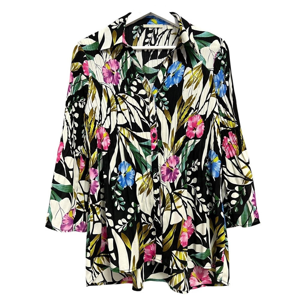 Sunny Leigh Blouse‎ Womens Small Black White Floral Pleated 3/4 Sleeve Tropical